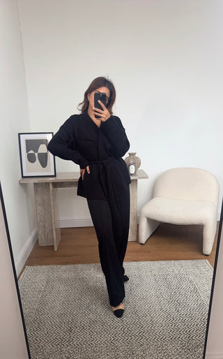 Black shawl collar cardigan with belt- fana - Fash Focused