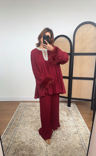 Burgandy pearl muse set with feather sleeves- jumana - Fash Focused