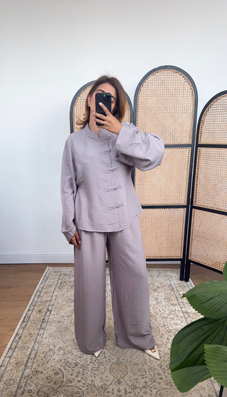 Taupe pearl button and wide trouser set- vana