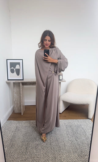 taupe dress with drape scarf- zaria - Fash Focused