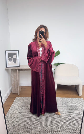 Burgandy velvet lace abaya- layla - Fash Focused