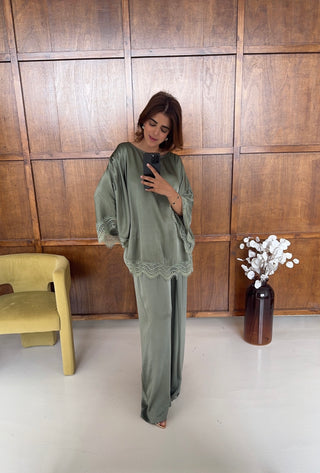 sage silk blend lace trim coord set-suela