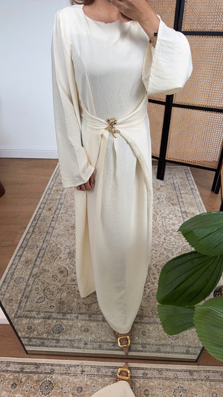 Ivory dress with gold brooch- gia - Fash Focused