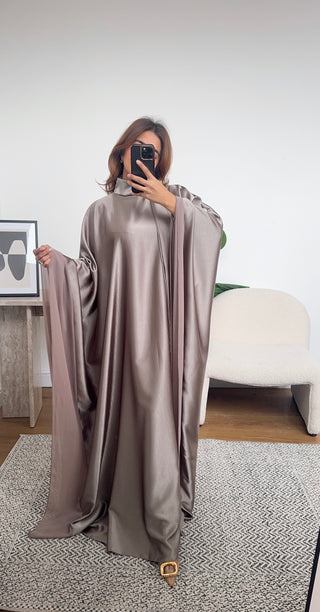 Taupe high neck long dress with neck scarf- laya - Fash Focused