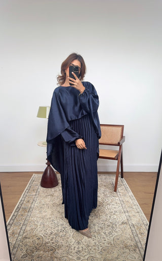 Navy pleated cape dress -mula - Fash Focused