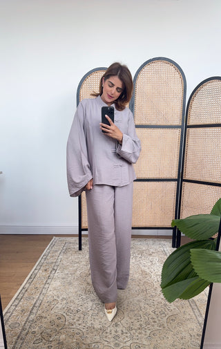 Taupe pearl button and wide trouser set- vana