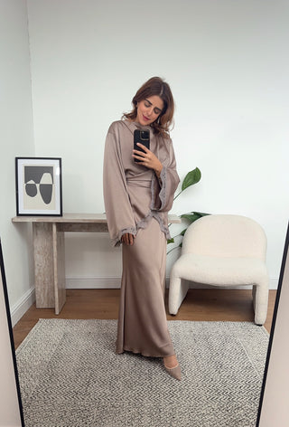 Taupe lace detail wrap skirt coord - elani