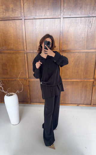 Black shirt coord with gold buttons- venezia - Fash Focused