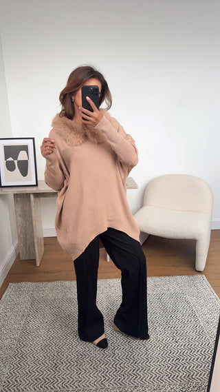 Camel jumper with faux fur collar - ana - Fash Focused