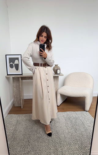 Cream High neck dress with a belt- giana - Fash Focused