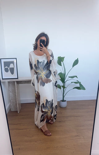 Ivory/black Floral chiffon dress- saray