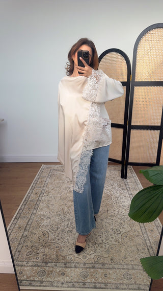 Beige scarf top with lace detail- lana - Fash Focused