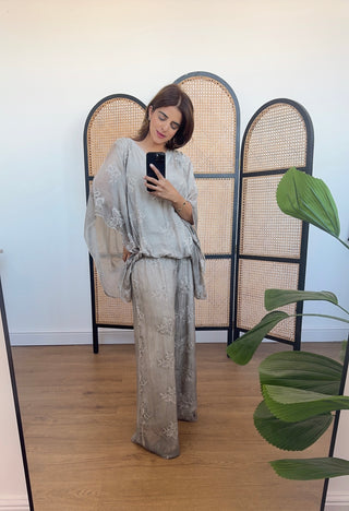 Taupe embroidered chiffon silk coord- laya