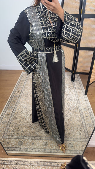 Black embellished dress with a belt for fitting- zahra - Fash Focused