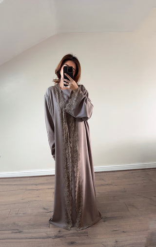 Taupe lace detail kimono two piece - liana - Fash Focused