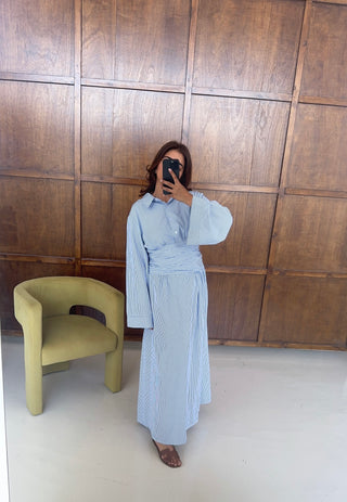 Blue striped waist tie dress- hua