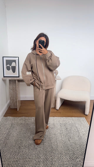 Beige zip up hoodie and joggers set- cari - Fash Focused