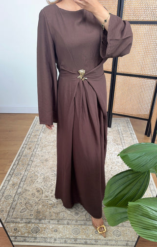 Chocolate dress with gold brooch- gia - Fash Focused