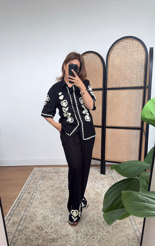 Black linen mix floral heart coord- halia - Fash Focused