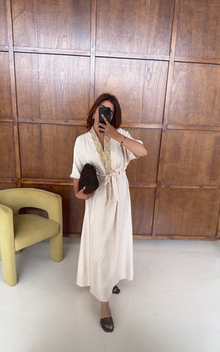 Cream embroidered tie waist dress- nerja
