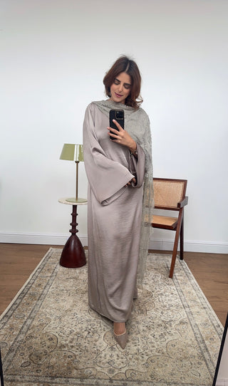 Taupe satin dress with lace scarf - malika - Fash Focused