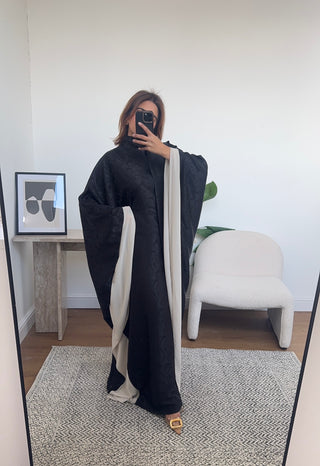 black printed high neck long dress with neck scarf- sia - Fash Focused