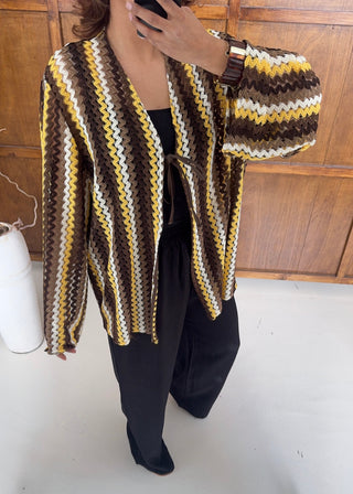 Brown Zigzag crochet kimono with tie- azura - Fash Focused