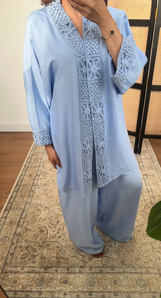 Powder blue crochet kimono coord - abia - Fash Focused
