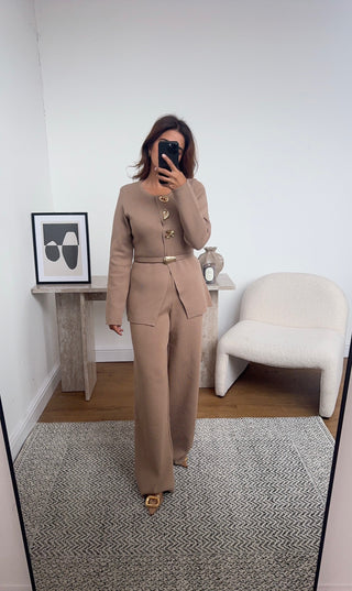 camel knit coord with gold buttons - keli - Fash Focused