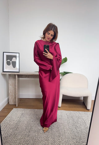 wine scarf detail fishtail dress- Regina - Fash Focused