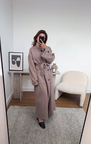 Taupe funnel neck coat with a belt- fana - Fash Focused