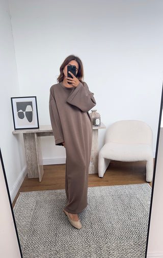 taupe basic long sleeve dress- hani - Fash Focused