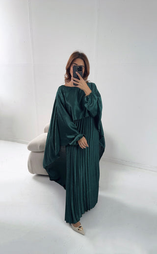 Emerald pleated cape dress -mula - Fash Focused