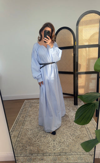 Powder bleu Long sleeve black cotton pleated dress- nira - Fash Focused