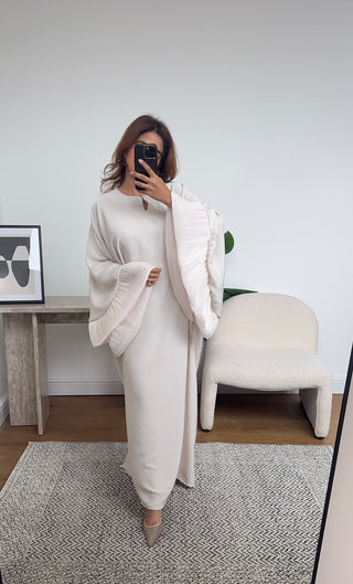 Cream frill kaftan dress with inner tie belt- amina - Fash Focused