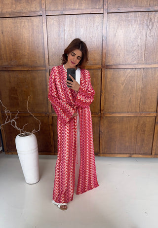 Pink Zigzag crochet kimono with belt- sahi - Fash Focused