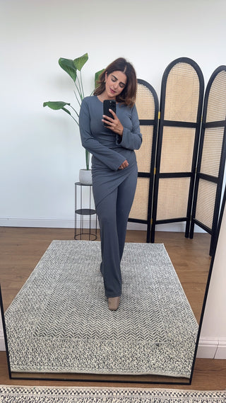 Grey ruched slanted Coord- taya - Fash Focused