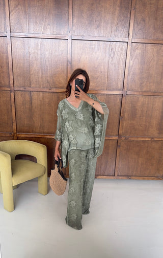 Sage embroidered chiffon silk coord- laya