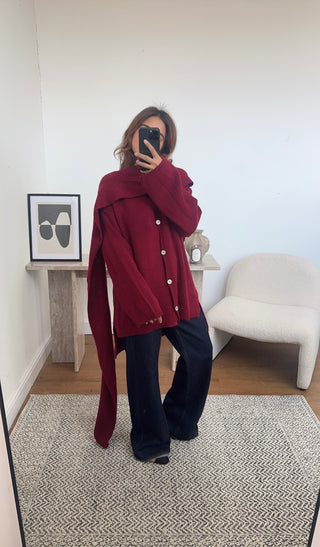 Wine cardigan with scarf attached- hia - Fash Focused