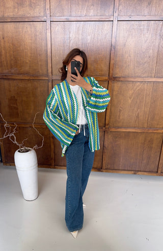 Blue Zigzag crochet kimono with tie- azura - Fash Focused