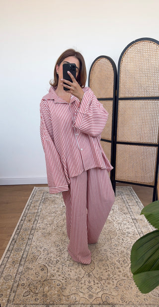Red stripe button down coord- wari