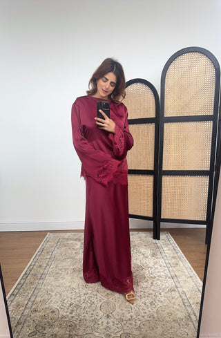 Burgandy lace satin two piece skirt coord- ilham - Fash Focused