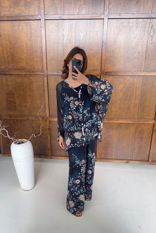 Navy floral chiffon silk coord- Neva - Fash Focused