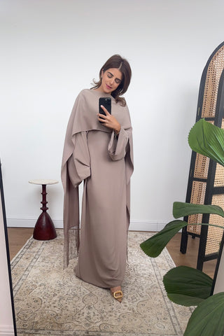 Taupe fringe cape dress- elara