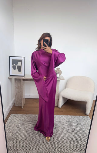 magenta long flare sleeve fishtail dress- dion - Fash Focused