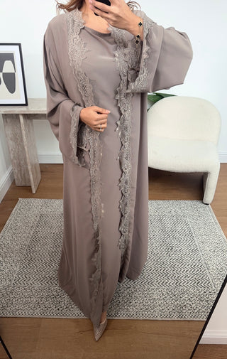 Taupe lace detail kimono two piece - aliyah