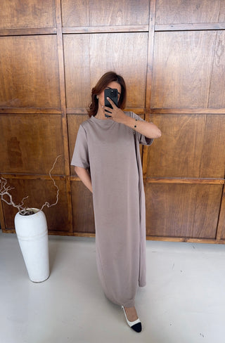 Taupe T shirt dress with pockets - eva - Fash Focused