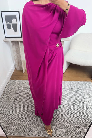 Cerise pink dress with drape scarf- zaria - Fash Focused