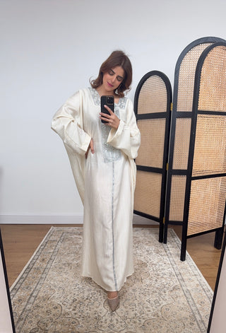 Ivory shimmer kaftan with silver lace- sahra - Fash Focused