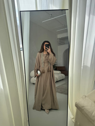Taupe two piece abaya with embellished details- deema - Fash Focused